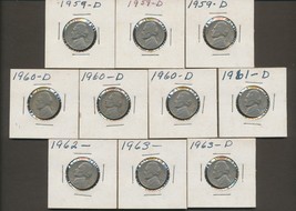 Jefferson Nickels 1959 thru 1963 Lot of 10 - 8 Denver Mint and 2 No Mint... - $11.39