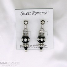 Sweet Romance Black Enamel &amp; Silver Earrings Crystal New Gift Bag - £19.74 GBP