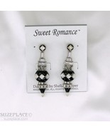 SWEET ROMANCE BLACK ENAMEL &amp; SILVER EARRINGS CRYSTAL NEW GIFT BAG - €21,28 EUR