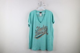 Harley Davidson Womens 2XL Distressed Spell Out Script Knit V-Neck T-Shirt Teal - £19.67 GBP