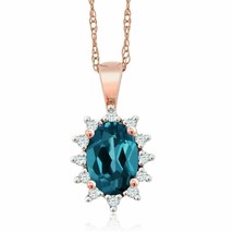 14K Rose Gold Plated 3.50Ct Oval Simulated Blue Topaz Halo Drop Shape Pendant - £86.67 GBP
