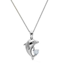 14K Gold Plated Silver 0.44CT Heart Cubic Zirconia Dolphin Pendant 18&quot; Necklace - £57.99 GBP