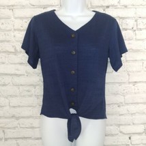 Weatherproof Vintage Womens Top XS Blue Tie Front Button Up Knit Short Sleeve - £14.06 GBP