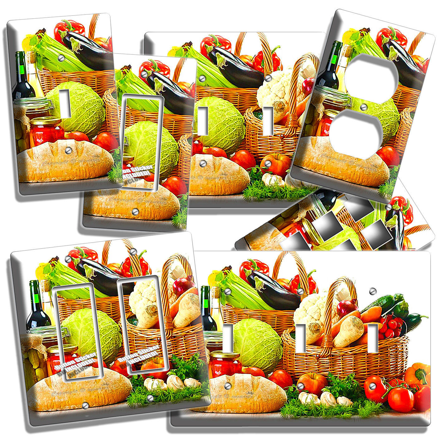 VEGETABLES BASKET FRESH BREAD OLIVE OIL LIGHT SWITCH OUTLET PLATES KITCHEN DECOR