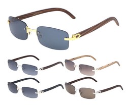 Slim Sleek Rimless Rectangular Sunglasses Faux Wood Buffs Retro Designer Fashion - £7.82 GBP