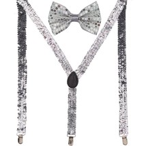 Men AB Elastic Band Silver Sequin Suspender With Matching Polyester Bowtie - £3.90 GBP