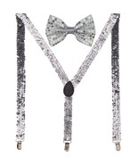 Men AB Elastic Band Silver Sequin Suspender With Matching Polyester Bowtie - £3.94 GBP