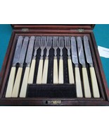 SAVORY 1800s LONDON SILVERPLATE FORKS KNIVES SET WHITE HANDLE ORIGINAL BOX - $271.56 CAD