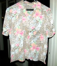 Pink &amp; Tan on White Polyester Blouse Size Large Donnkenny Classic - $9.99