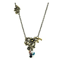 Antiqued Brass Floral Cluster Branch Leaf Long 32 Inch Chain Glass Necklace - £11.23 GBP