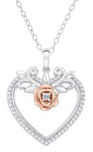Enchanted Disney Belle Diamond Heart and Rose Pendant Necklace Two Tone Silver - £136.30 GBP