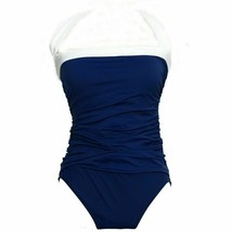RALPH LAUREN Indigo Blue Shirred Bandeau Halter Slimming Fit Swimsuit 12 - £48.24 GBP