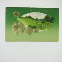 St. Patricks Day Postcard Sheep Field Pasture Land Gold Shamrocks Antique 1909 - £7.80 GBP