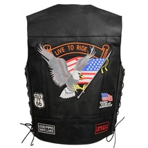 Men&#39;s Motorcycle Vest Black Leather 9 Patches Side Lace Vest ELM3930 - $921.24 MXN+