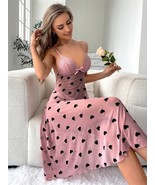 Heart Print Contrast Lace Bow Front Cami Nightdress SZ L - $376.79 MXN