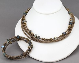 Retired Silpada Abalone Shell Metallic Bronze Bead Necklaces &amp; Wrap Bracelet Set - £35.48 GBP