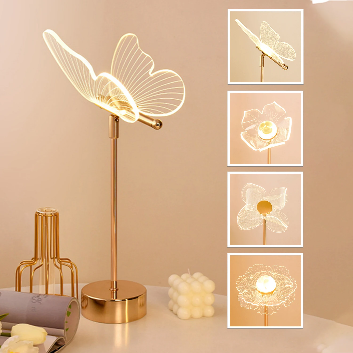 Table Lamp Retro Gold Acrylic Butterfly LED Desk Lamp Hotel Villa Art De... - $29.20
