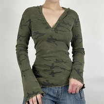 Y2k Tops 2000s Women&#39;s Aesthetic Camo Print Long sleeved Hooded T - £12.61 GBP