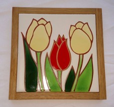Vintage Colorful Tulips Wood Framed Ceramic Tile Trivet Made In Usa Flowers Red - £19.89 GBP