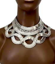 Silver Tone Metal Cleopatra Bib Armor Statement Necklace Earring Set - £26.73 GBP