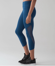 Lululemon Womens 4 Blue Sole Training Crop Mesh Insert Pocket Leggings - £28.67 GBP