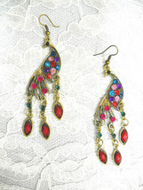 Goldtone Peacock W Blue Pink Red Green Purple Crystals Dangling Earrings - £7.95 GBP