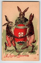 Easter Postcard Bunnies Dressed Rabbits Dancing By Egg Fantasy Anthropomorphic - £13.87 GBP