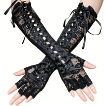 Wicked Silk Victorian Emo Goth Lace-up Fingerless Gloves [One Size] - £11.94 GBP