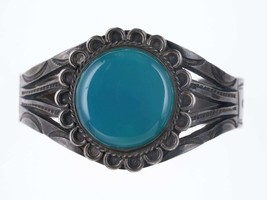 Fred Harvey Era Native American Sterling/Hubbel glass Heavy stamped cuff - £233.45 GBP