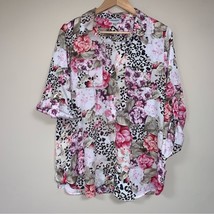 Shirt Top Womens Large Multicolor Floral Print Roll Sleeve Button Up Flowy Loose - £19.46 GBP