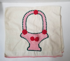 Hand Decorated Bath Towel Vintage Pink Crochet Lace Edge with Crochet Basket 36&quot; - £11.19 GBP