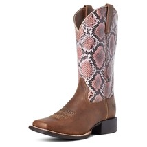 Women&#39;s ARIAT Round Up Wide Square Toe Western Boots Pink Snake Size 11 - $158.39