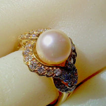 Earth mined Diamond Pearl Deco Engagement Ring Unique Design Solitaire 18k Gold - £1,736.20 GBP