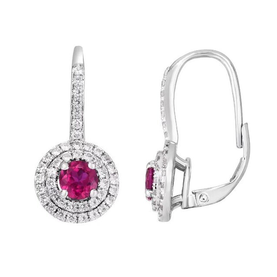 Primary image for 1.5CT Simulated Ruby Double Halo Drop/Dangle Leveback Earrings White Gold Plated