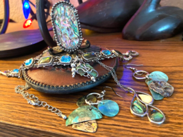 Unsigned Irridescent Blue Abalone Necklace, Earrrings, Bracelet and Ring Set - £29.89 GBP