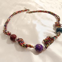 Vintage Rainbow Glass Beads &amp; Marbled Balls Boutique/ Statement Necklace 90&#39;s - £9.44 GBP
