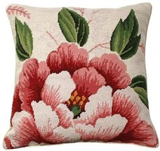 Throw Pillow Needlepoint Bouquet of Flowers 18x18 Beige Wool Cotton Velvet - £230.97 GBP