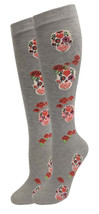 Skulls and Roses Gray Socks Knee High Fun Novelty Socks Size 9-11 Day Of... - £8.38 GBP