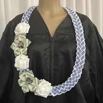 Graduation Money Lei Flower Rose  Blue &amp; White Gingham Four Braided Ribbon - £50.48 GBP