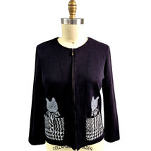 Vtg 90s Onque Casuals Cotton/Poly Black Zip-up Sweater Kitty Pockets Gra... - $25.95