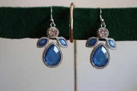 Pierced Earrings Silver Tone Blue Teardrop &amp; Rhinestone Dangle 1.3&quot; w/ou... - $10.45
