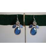Pierced Earrings Silver Tone Blue Teardrop &amp; Rhinestone Dangle 1.3&quot; w/ou... - $202.81 MXN