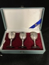 Vtg ISETAN Sterling Silver Set Of 3 Floral Cordial Cups Gold Wash Original Box - £177.41 GBP