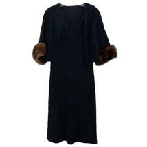 Vintage Black Ribbon Knit Cocktail Shift Dress &amp; Jacket Fur Cuffs Womens... - $115.00