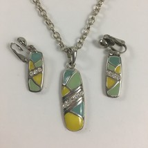 Vintage Enamel MCM Rhinestones Necklace &amp; Clip on Earrings Silver Tone Set  - $37.39