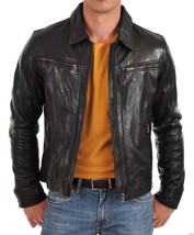 Men&#39;s Genuine Lambskin Leather Jacket Black Slim fit Motorcycle jacket -... - $117.50