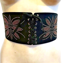 Women Wide Faux Leather Black Elastic Corset Belt Studs Back Snaps S/M C... - $21.49