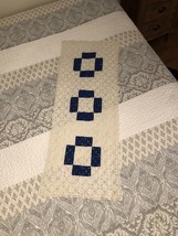 Vintage Hand Crocheted Table Runner Blue Squares 42x16 Unique &amp; Lovely! - £16.40 GBP