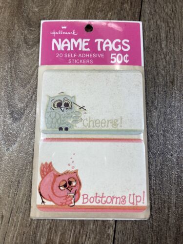 Vintage Hallmark Name Tags Self Adhesive Stickers Owls Cheers Bottoms Up - £10.26 GBP