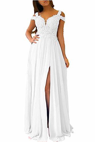 Illusion Top Front Slit Off The Shoulder Sexy Long Formal Prom Dress White US 6